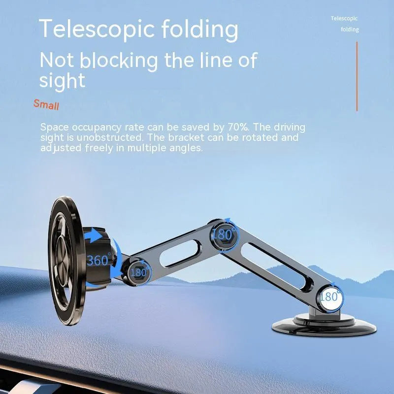 All-metal magnetic car phone holder in black, clipped onto a car air vent, with magnetic rings and adhesive pads.