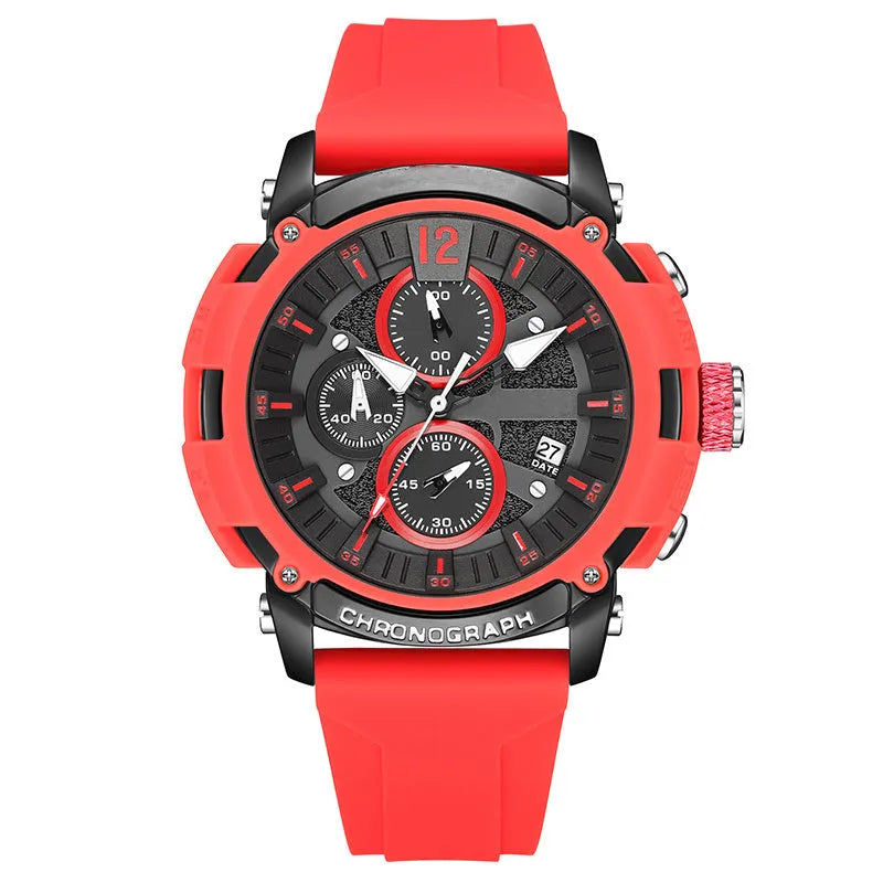 Men's digital watch with luminous display showing time and calendar, waterproof to 30M
