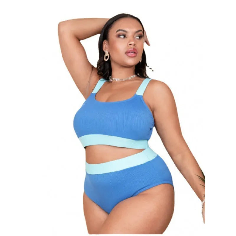 Women's high-waisted bikini set in pure colour polyester fabric with bandeau top