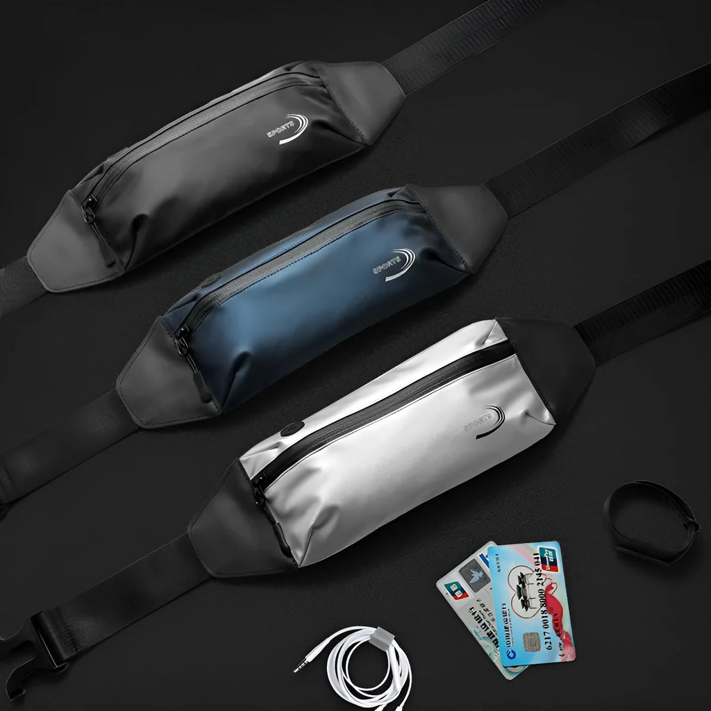 Men's black sports waist bag made from water-resistant Derm Oxford polyester, showing 45cm wide compact design