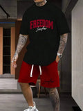 Men's 3D printed letter sportswear suit with short sleeve top and matching shorts in polyester fabric