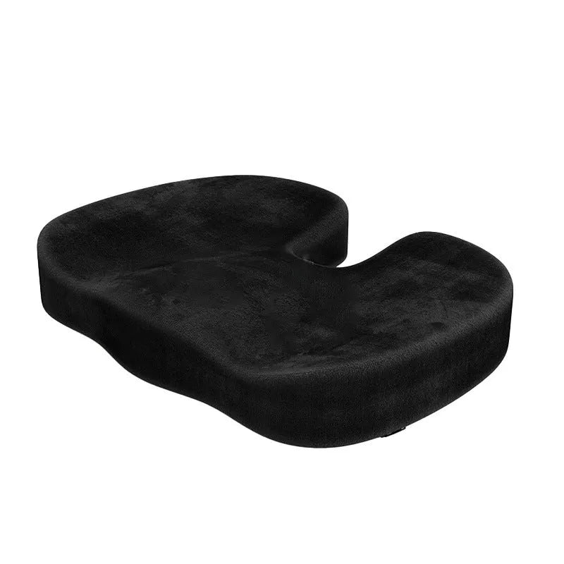 Black flannel memory foam seat cushion measuring 46 by 36 by 7 centimetres with a U-shaped design.