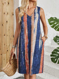 V-neck sleeveless casual dress with colour block striped pattern in midi length