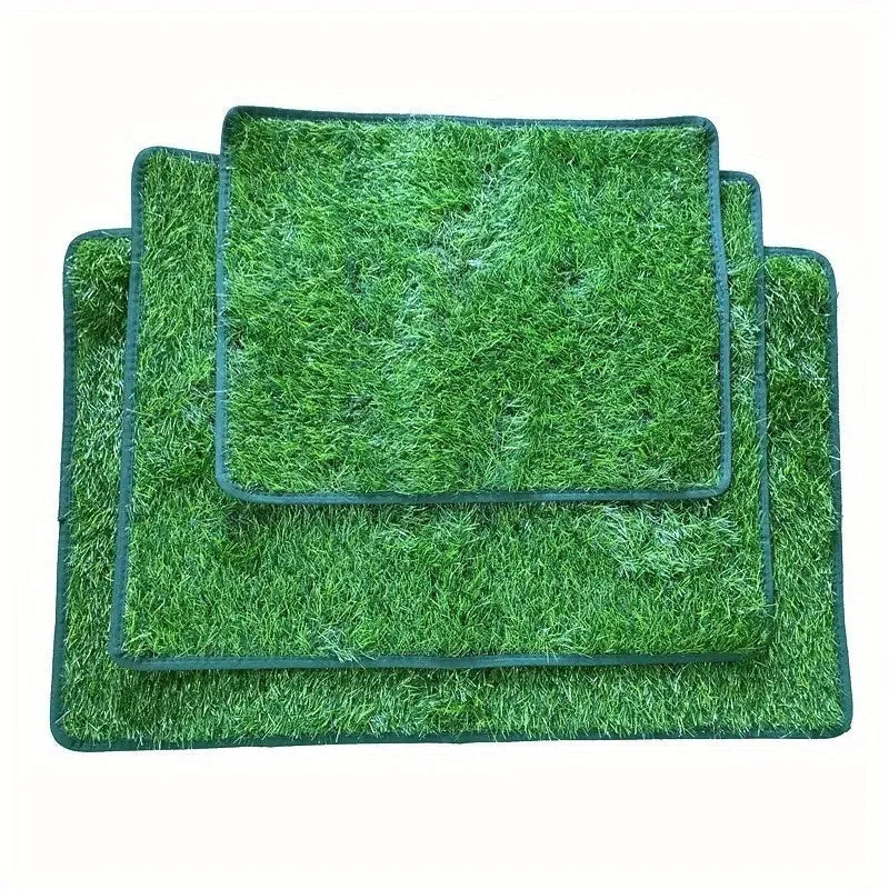 Artificial grass dog toilet training mat with drainage holes and rubber backing in three size options.