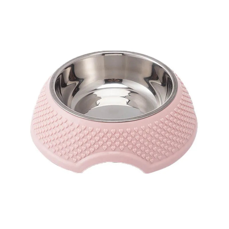 Stainless steel pet bowl with non-slip base in blue, green, and pink colour options