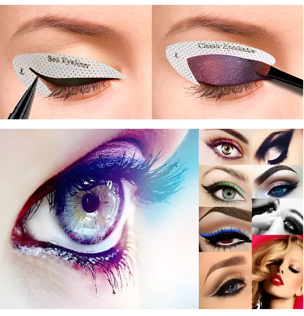 Set of four reusable flexible eyeliner sticker templates for creating winged and cat-eye makeup looks.
