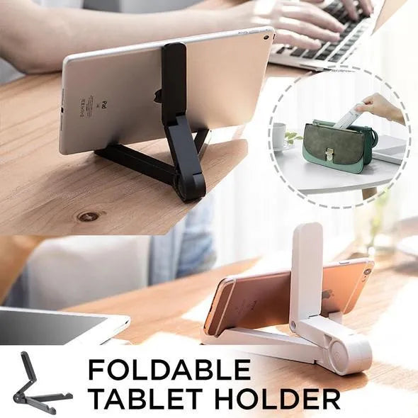 Black foldable tablet holder showing adjustable angle stand with phone positioned in landscape orientation