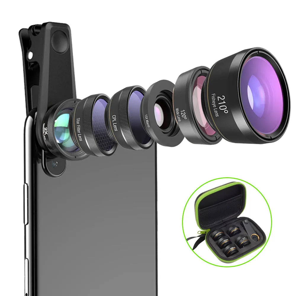 Black 6-in-1 smartphone camera lens kit with universal clip attachment showing fisheye, macro, wide-angle and telephoto lenses