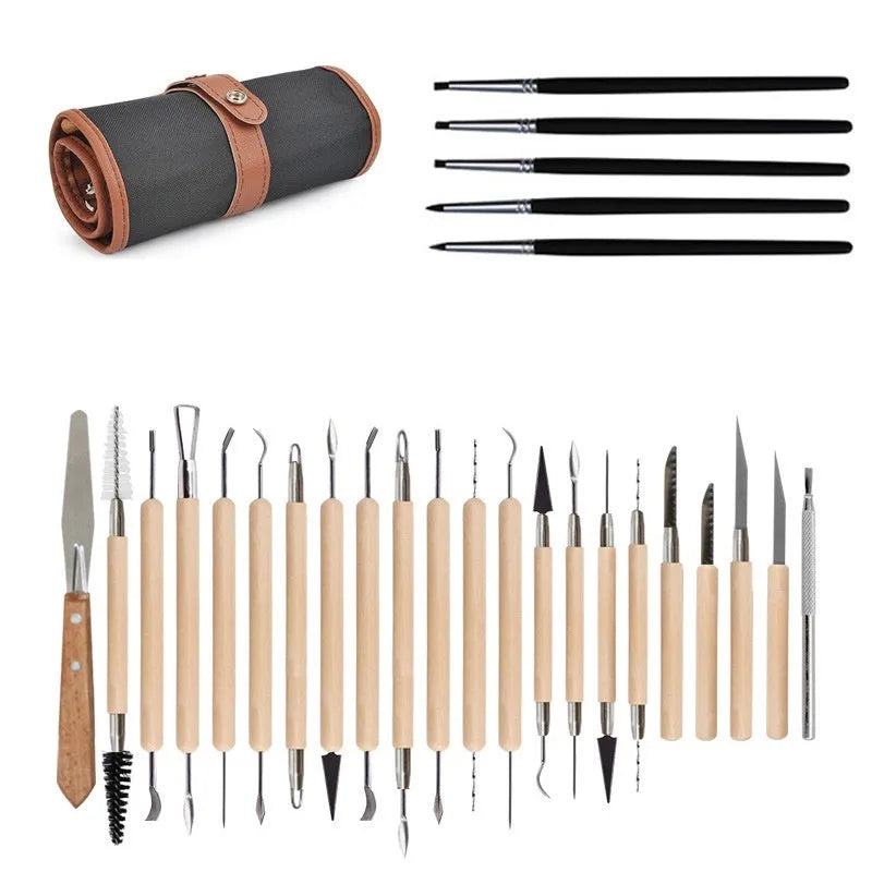 27-piece brown pottery clay tool set with stainless steel, wood, and plastic instruments in a roll bag.