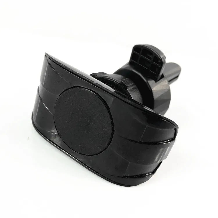 Black car phone holder mounted on car air vent with smartphone secured in adjustable clamp