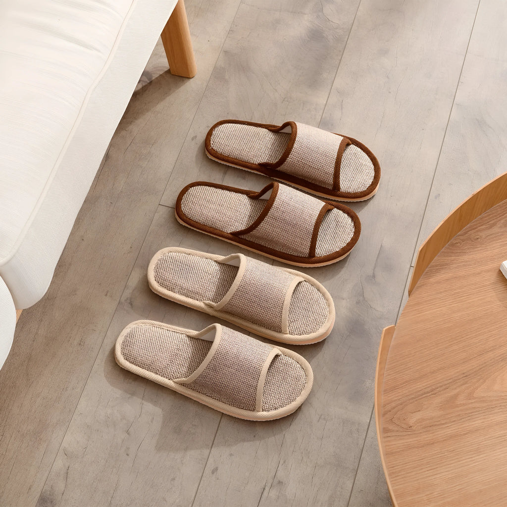 Women's linen open toe slippers in dark coffee colour with thickened sole