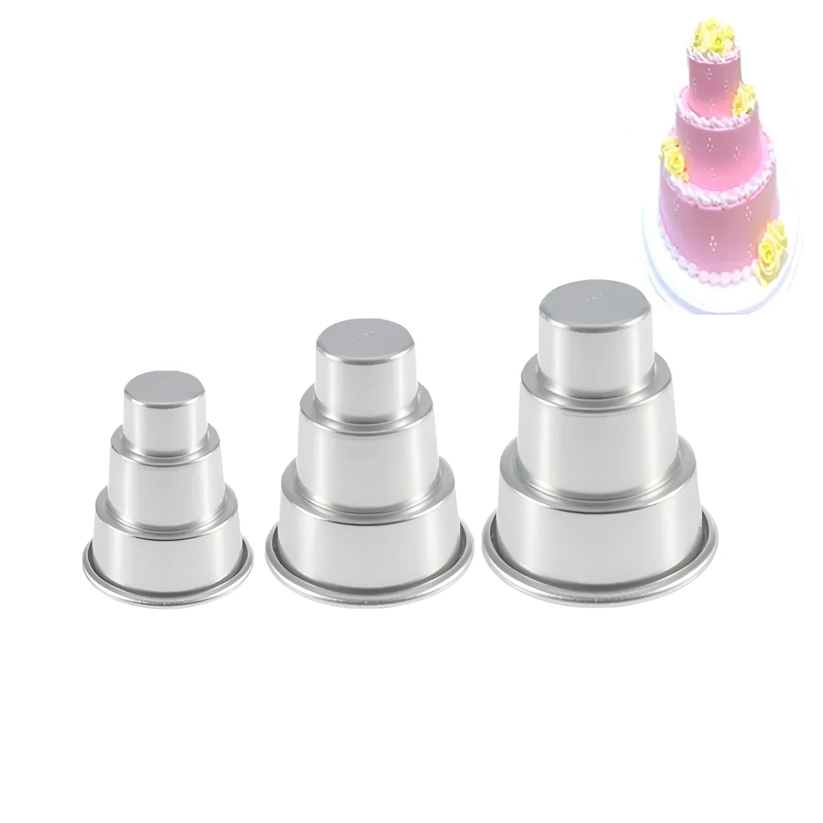 Three-layer aluminium cake mould set in silver with large, medium and small sizes