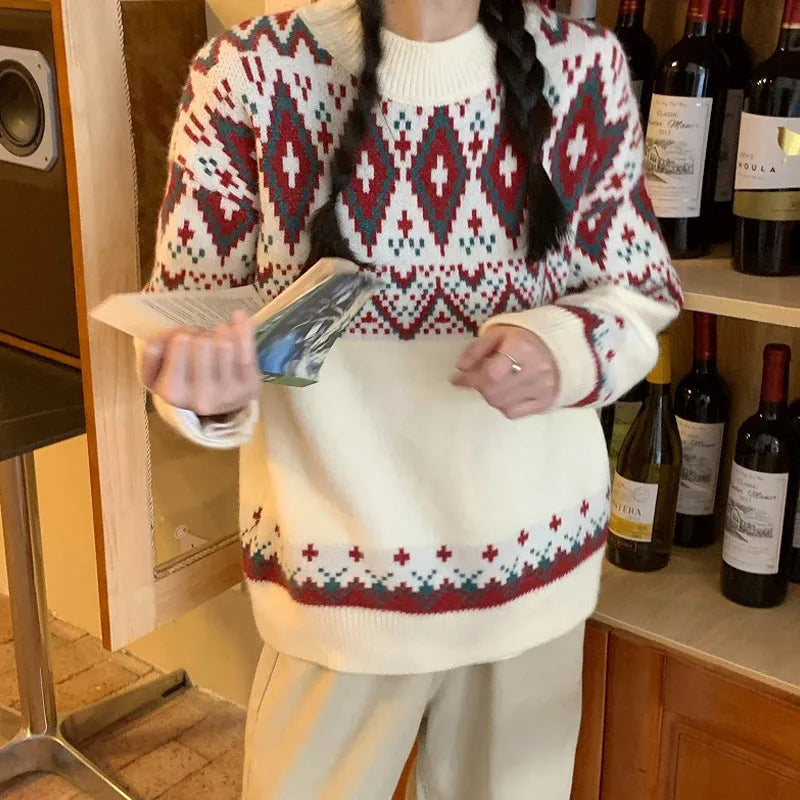 Red and white striped retro pullover knitted top with long sleeves