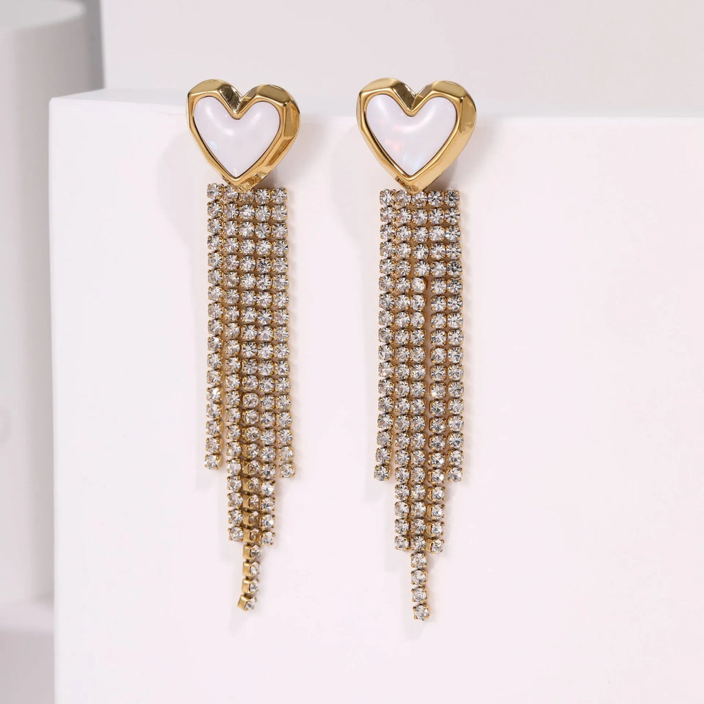Stainless steel diamond tassel earrings with heart and star shapes in electroplated 18K purity finish