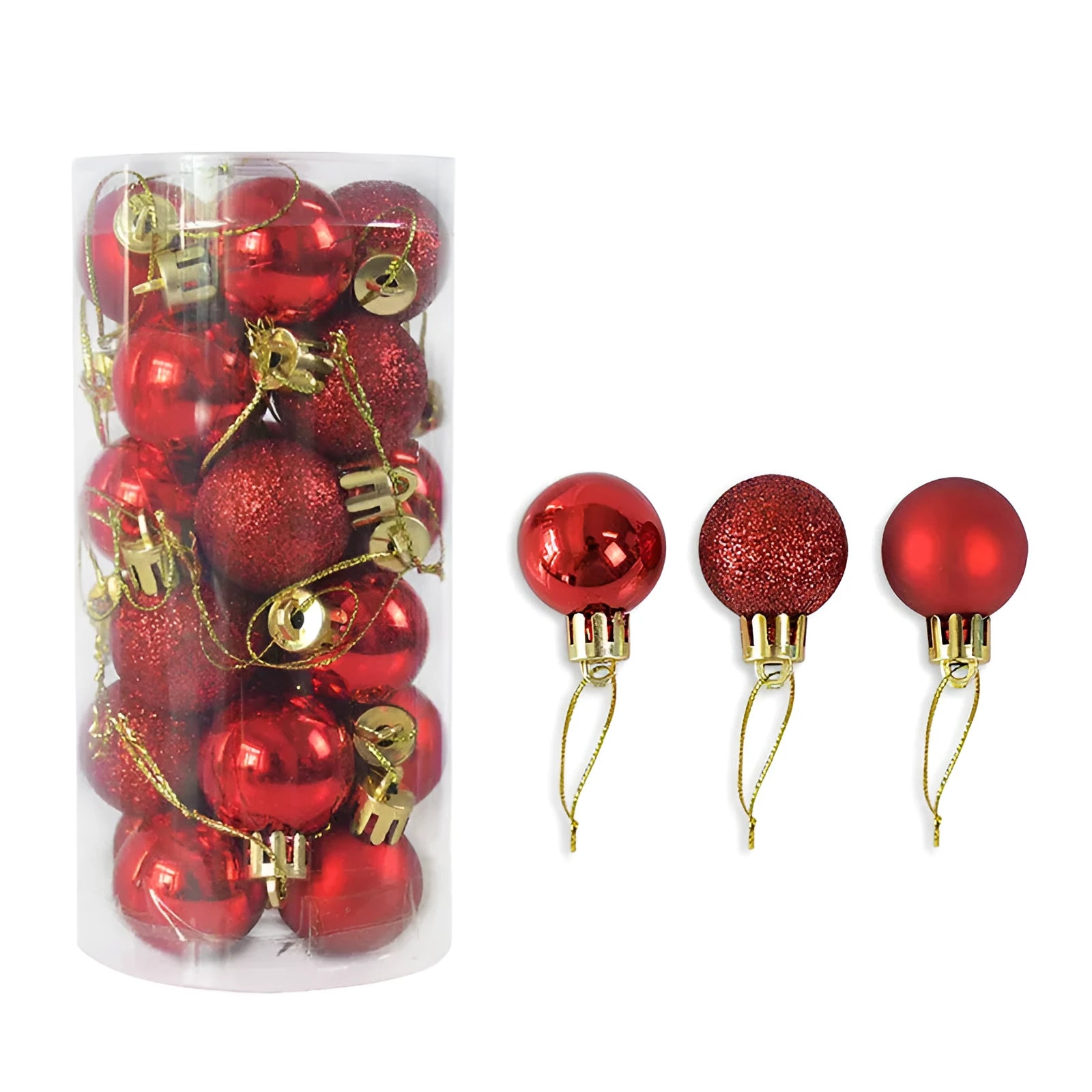 3cm diameter shiny and matte plastic Christmas baubles in gold, red, silver, and blue colours for tree decorating.