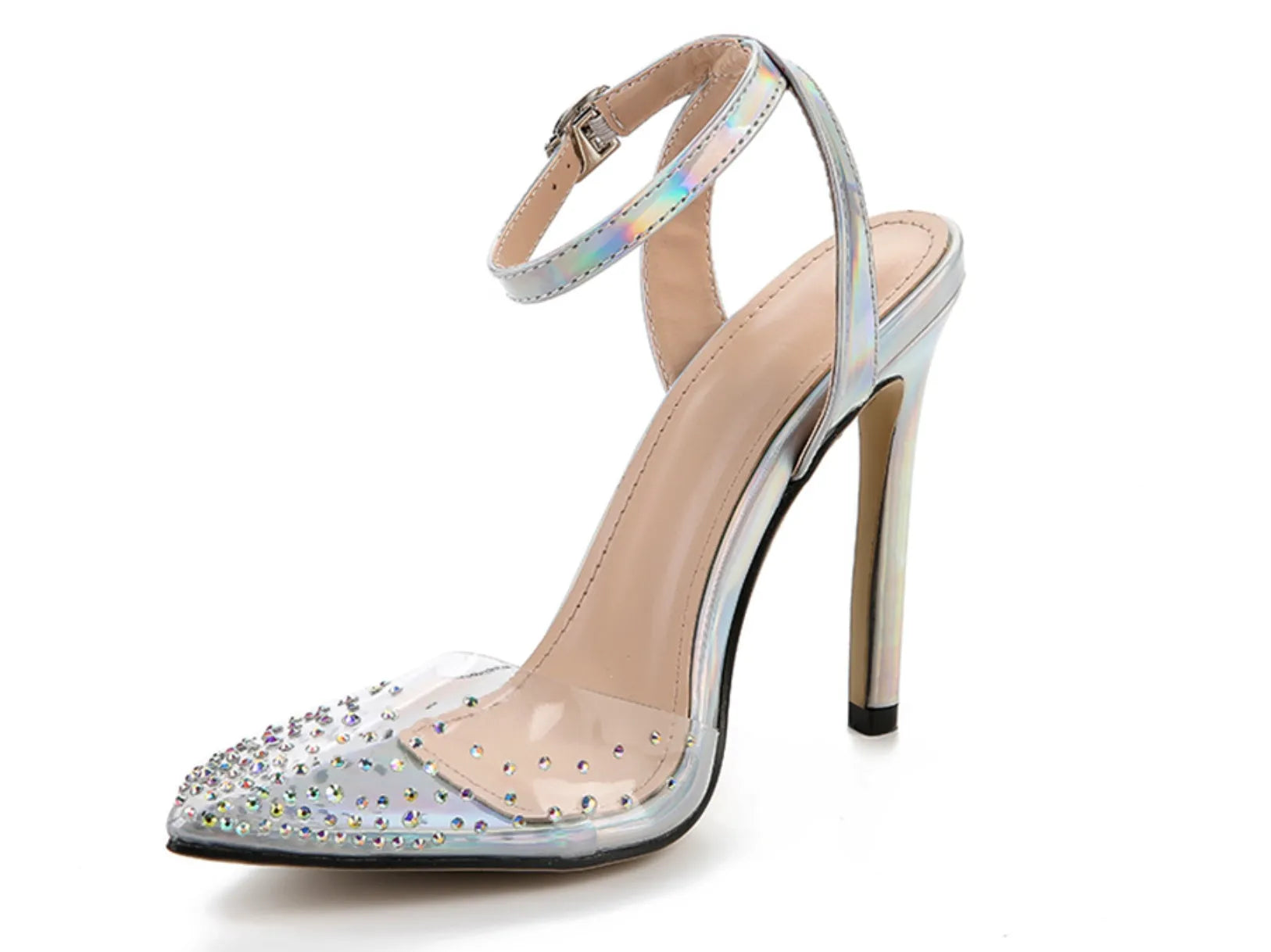 Women's pointed toe stiletto sandals with diamond embellishments on PVC upper, showing side view