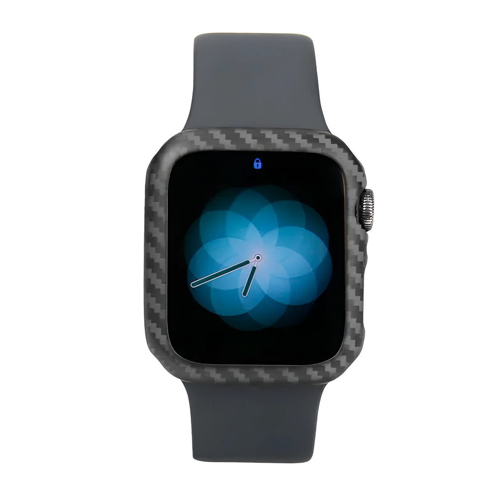 Carbon fibre Apple Watch 4 case with half-wrap leather design in 44mm size