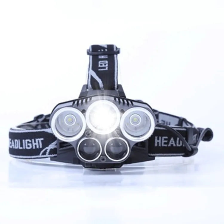 Head-mounted LED camping light with waterproof construction showing 300-500 metre beam distance