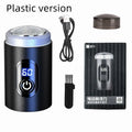 Black portable rechargeable shaver with USB charging cable and cleaning accessories