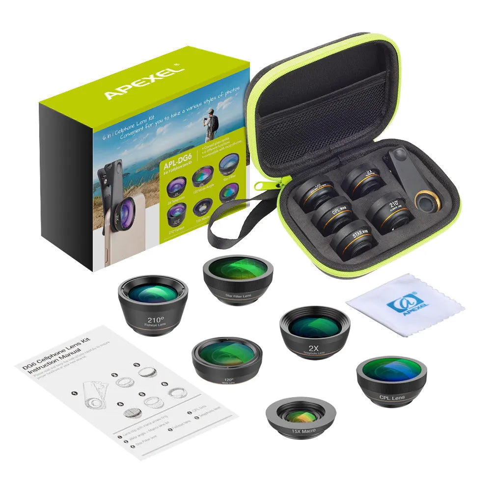 Black 6-in-1 smartphone camera lens kit with universal clip attachment showing fisheye, macro, wide-angle and telephoto lenses