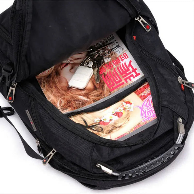 Black business computer backpack with multiple compartments open, showing laptop sleeve and organiser pockets.