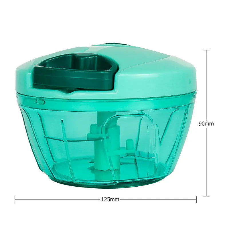 Manual kitchen chopper with stainless steel blades in green plastic housing