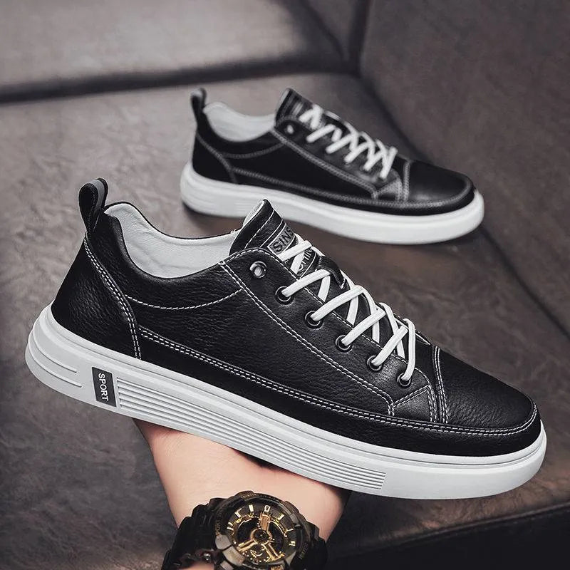 Men's white casual PU shoes with a round toe and low flat heel.