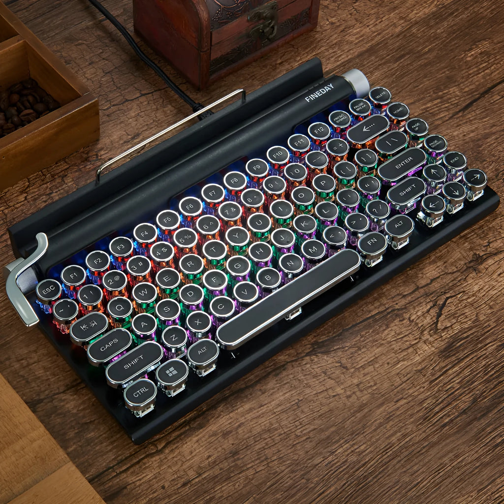 Black retro-style Bluetooth mechanical keyboard with backlit keys and metal construction
