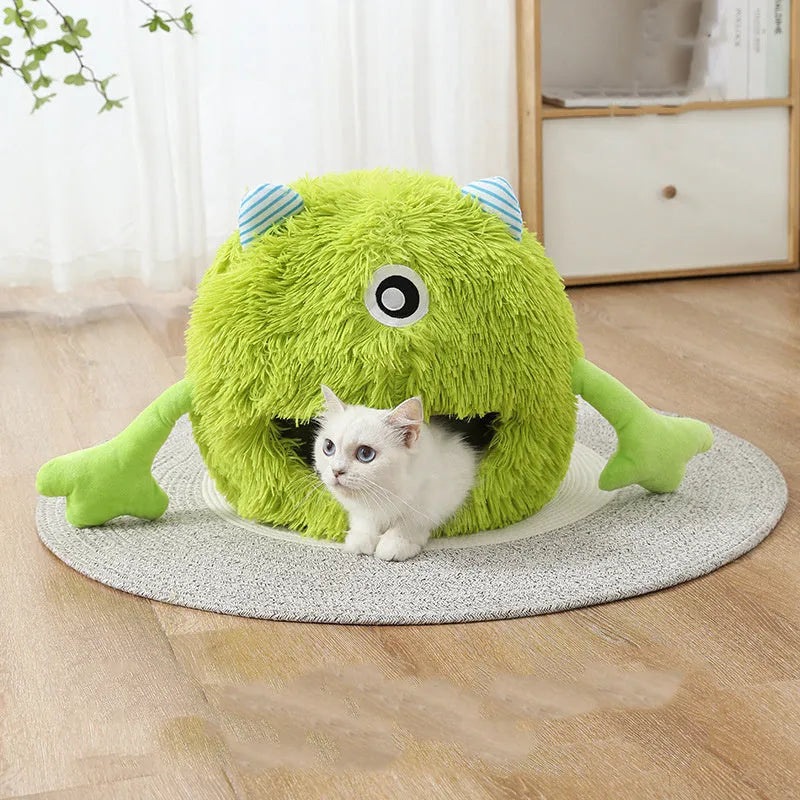 Soft grey plush round cat bed with a non-slip base, shown in small, medium, and large sizes.