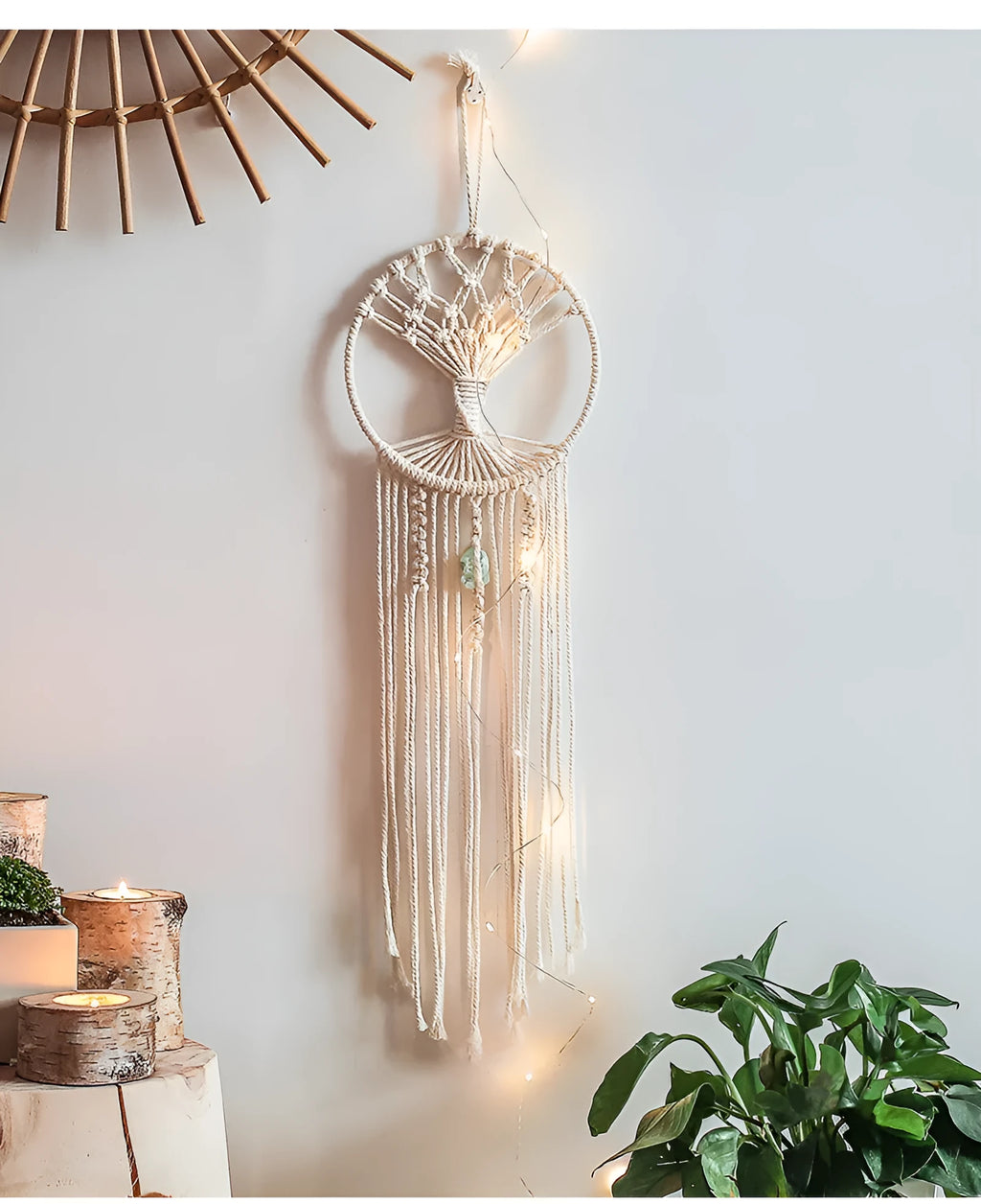 Handmade dream catcher tree tapestry in natural cotton rope, rectangular 73x18cm, European style wall hanging