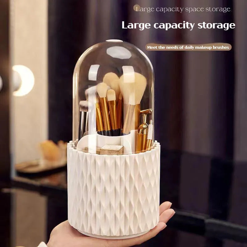 White rotating transparent makeup brush storage box with lid on desktop