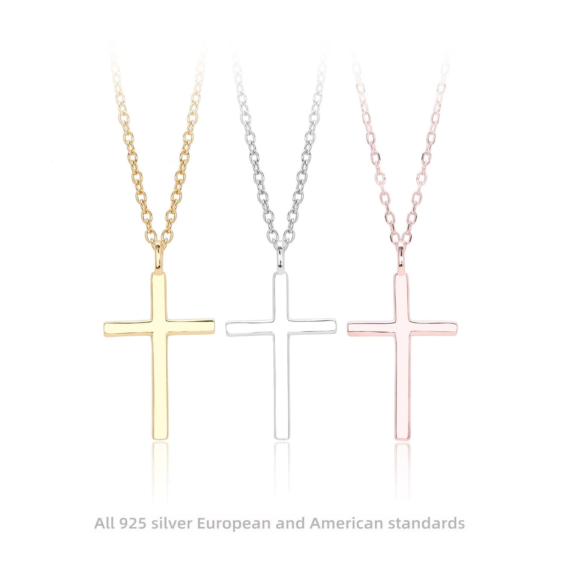 Simple glossy cross pendant on a sterling silver O-chain necklace, shown in gold, platinum, and rose gold finishes.