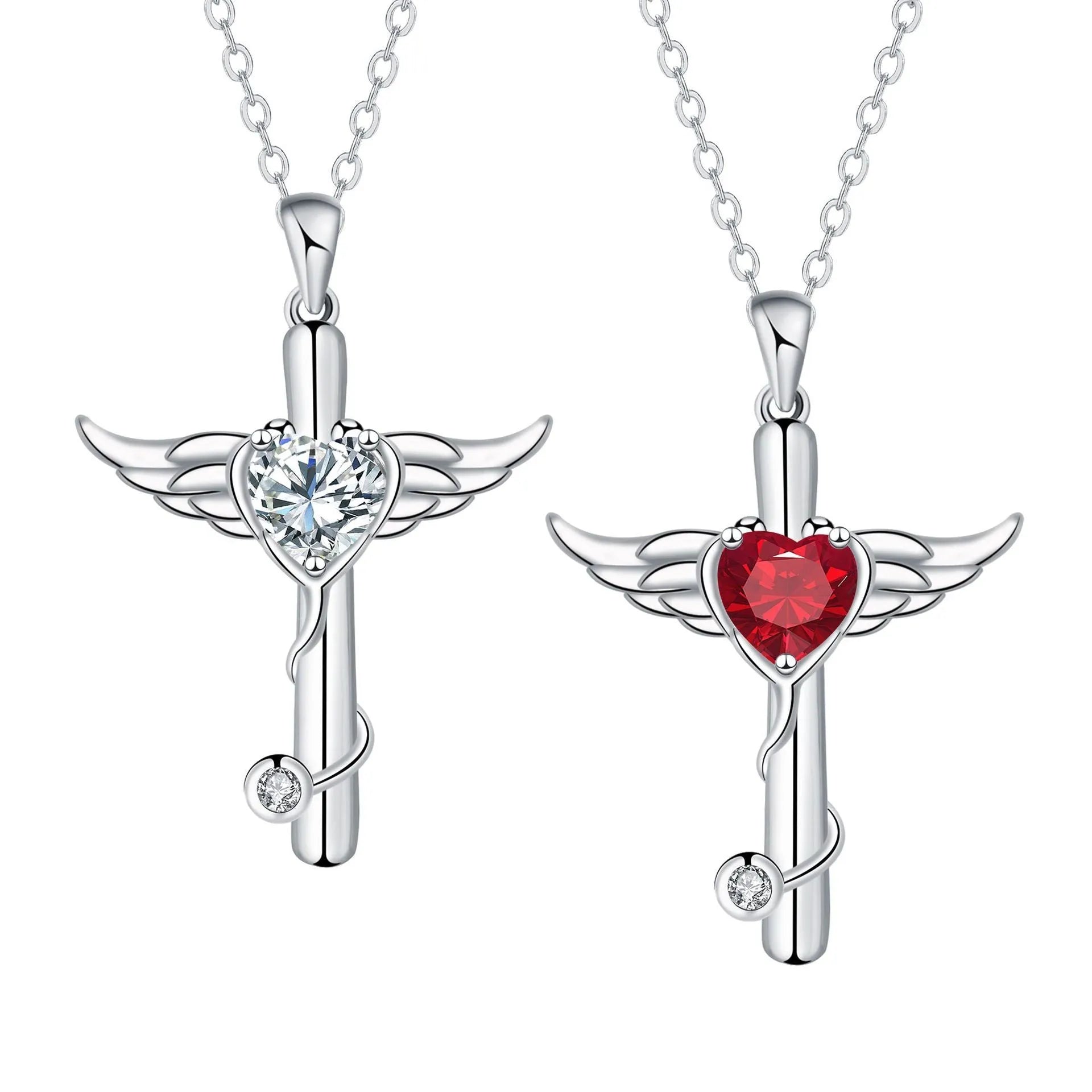 Stethoscope-shaped copper necklace with wing design elements in electroplated red or white diamond finish