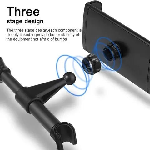 Black universal car phone and tablet holder with snap-in base for mounting on rear car seats.