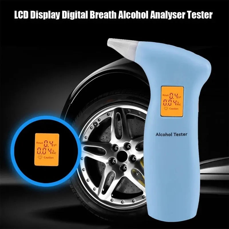 Portable orange light breath alcohol tester with replaceable mouthpieces on a grey background