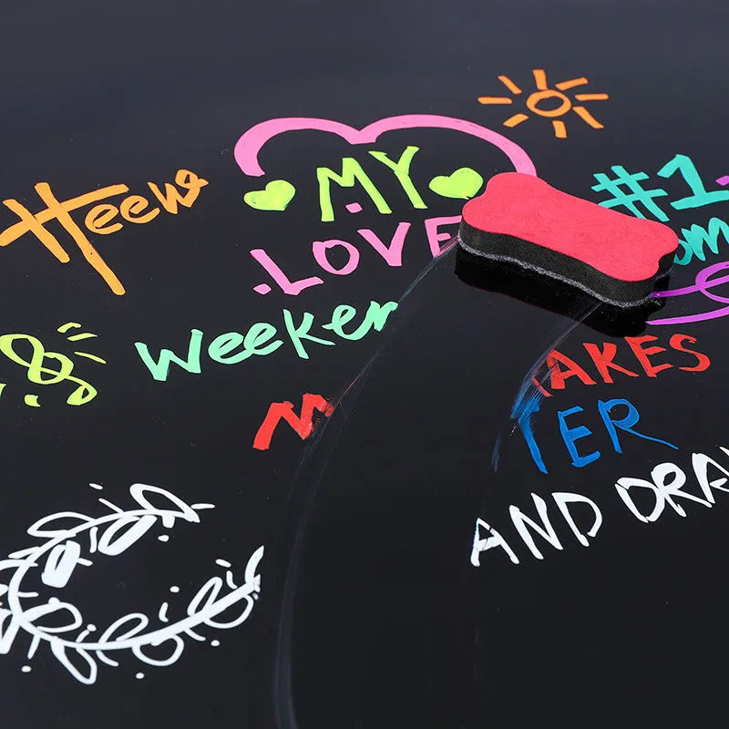 Electronic fluorescent board highlighter pen with plastic shell and oblique 6mm tip, shown with 8-colour refill set.