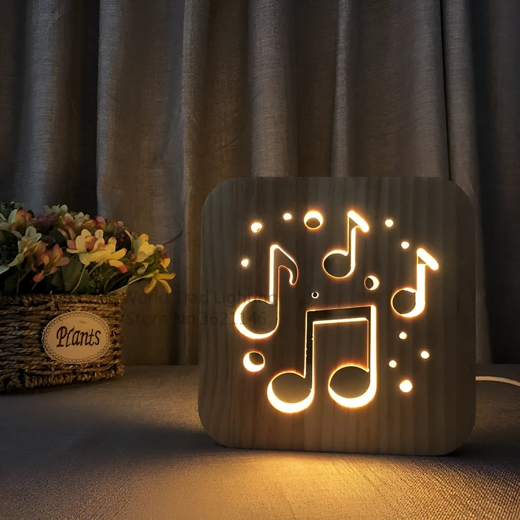 Pine wood LED atmosphere light with warm white glow, cubic 19cm design with USB cable connection