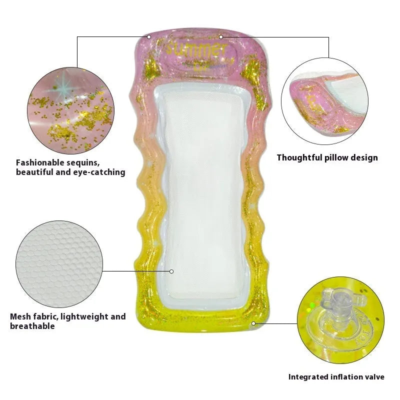 Colourful inflatable PVC floating row with sequin designs and canopy option on pool water.