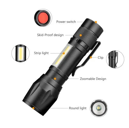 Black aluminium alloy mini telescopic LED torch with zoom focus and pocket clip