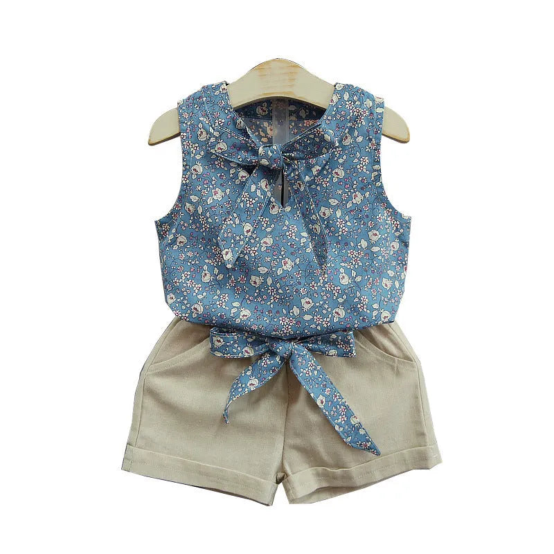 Sleeveless bow vest and shorts set for girls, cotton blend, floral khaki blue