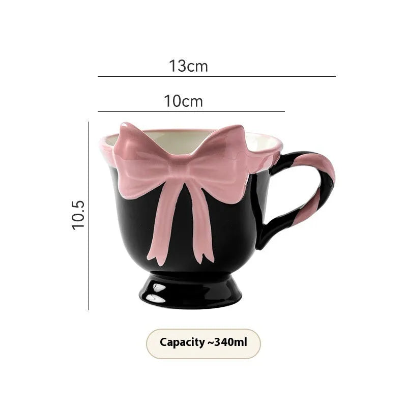 Ceramic mug with heart bow design in black pink colour, 400ml capacity