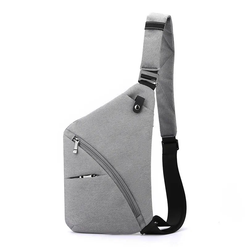 Men's oxford cloth chest bag worn on one shoulder in grey with letter detailing