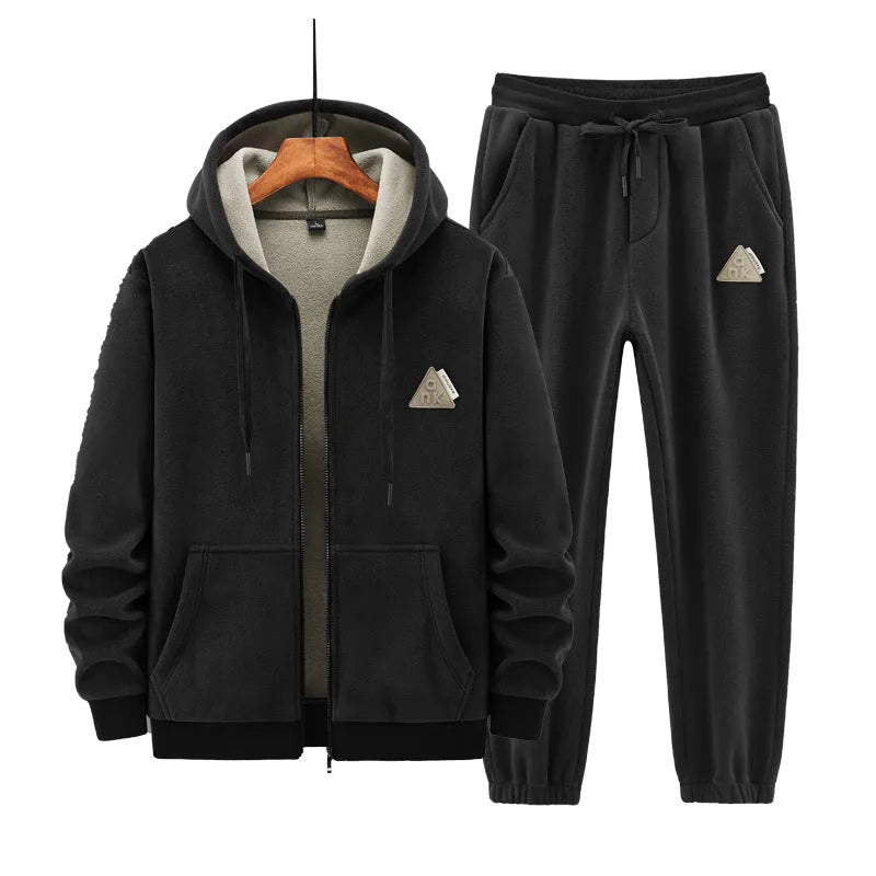 Grey men's cashmere hooded sweater and matching cotton trousers casual sports suit set on a hanger.