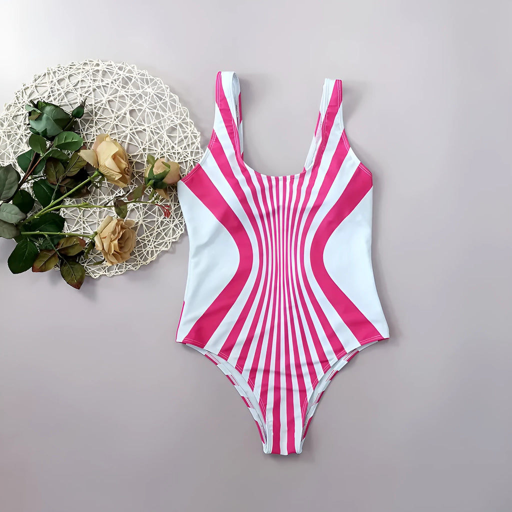 Pink striped one-piece swimsuit with front and rear digital printing for women