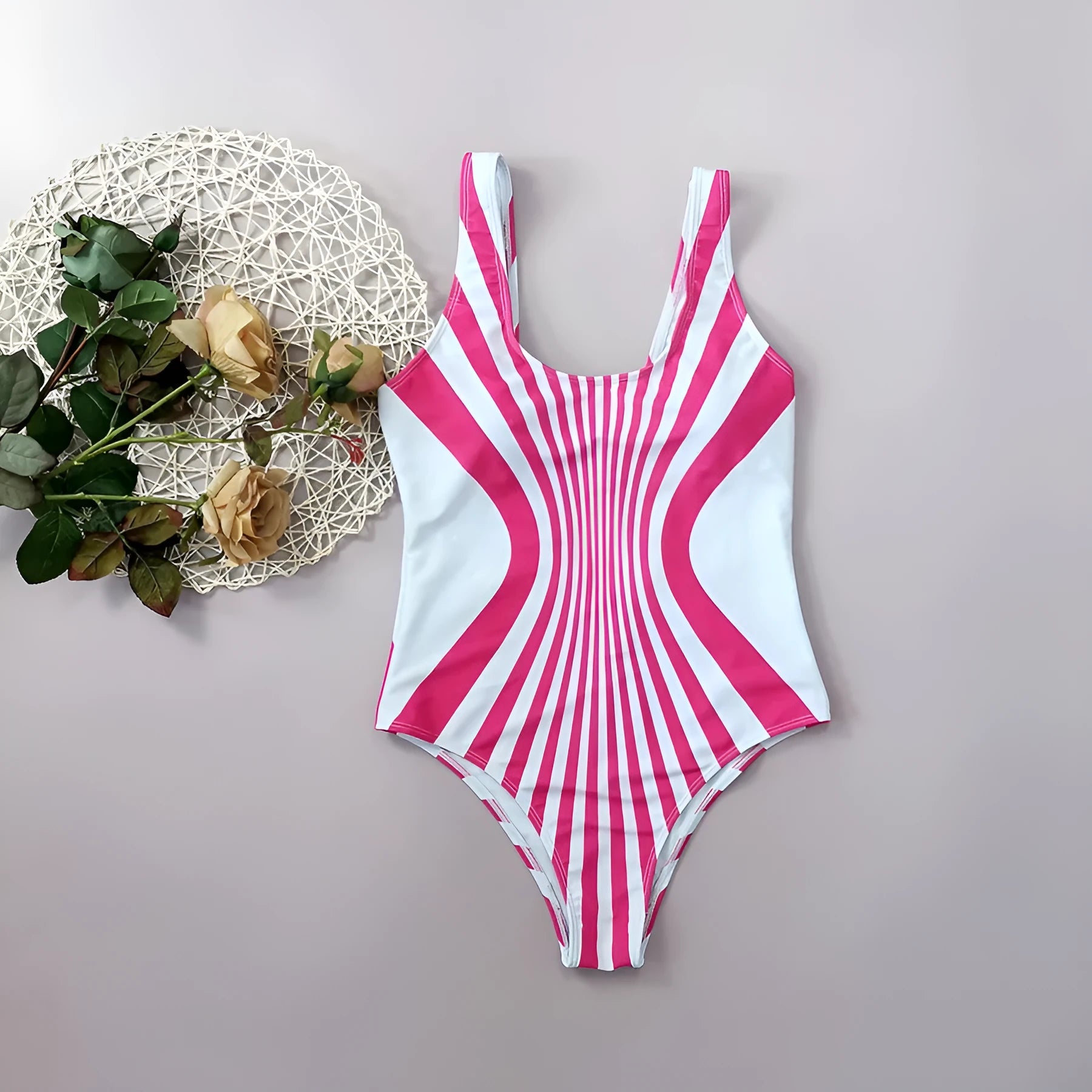 Pink striped one-piece swimsuit with front and rear digital printing for women