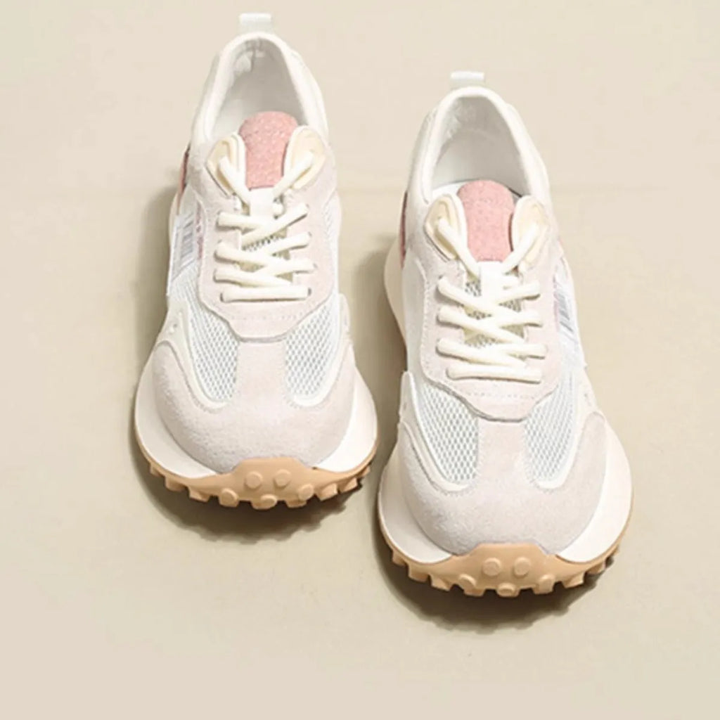 Women's casual retro sneaker in grey or pink with low-top design and round toe