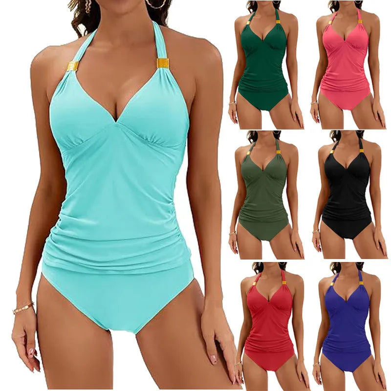 Women's red halter neck two piece swimsuit with tie back and matching high-cut brief shorts