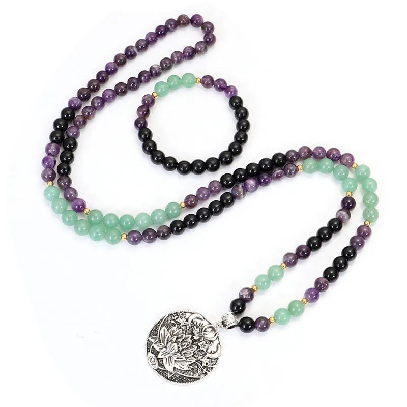 Yoga lotus pendant necklace and bracelet set with handmade stone beads and geometric alloy pendant