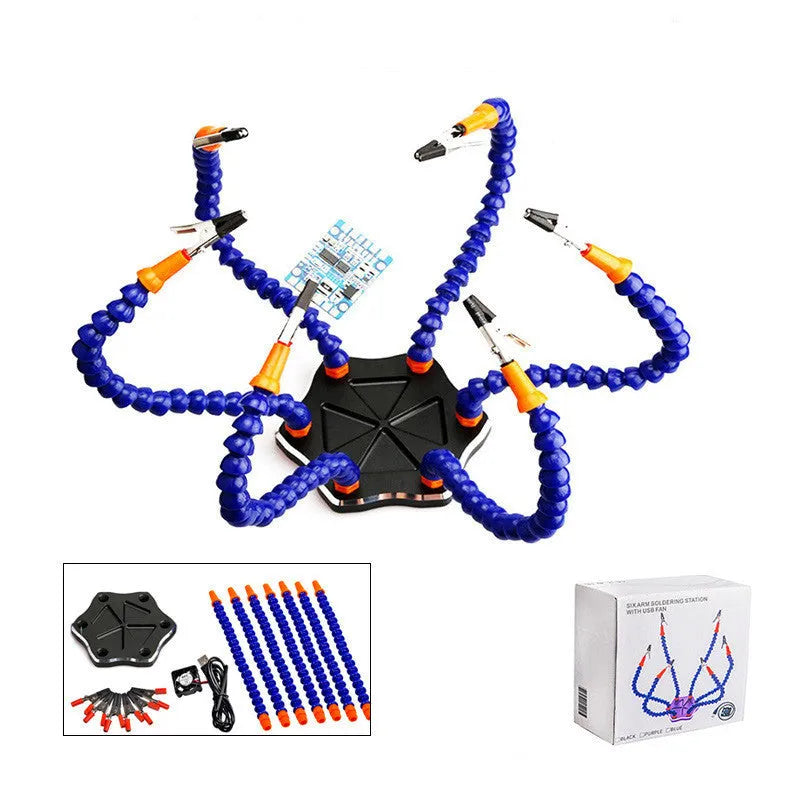 Black or purple aluminium alloy six-jaw model welding station with multiple bendable arms on a non-slip base.