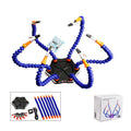 Black or purple aluminium alloy six-jaw model welding station with multiple bendable arms on a non-slip base.